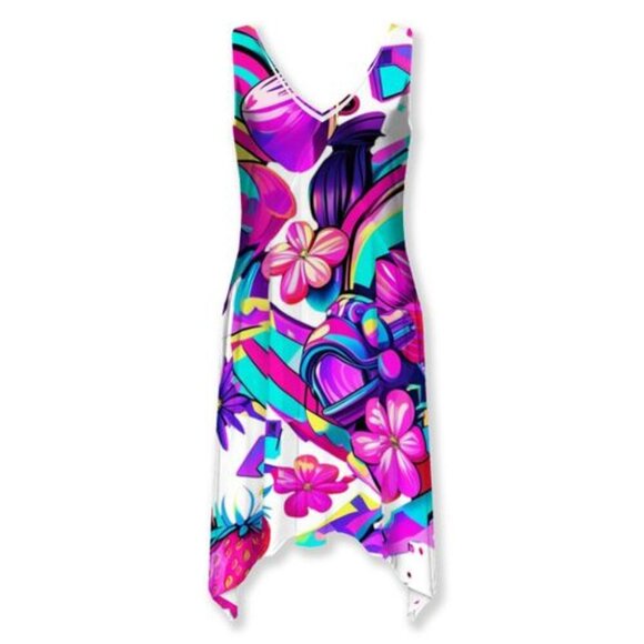 Neon Fantasy – 80s Synthwave Strawberry Dream Thalia Asymmetrical Hem Dress - Picture 3 of 3